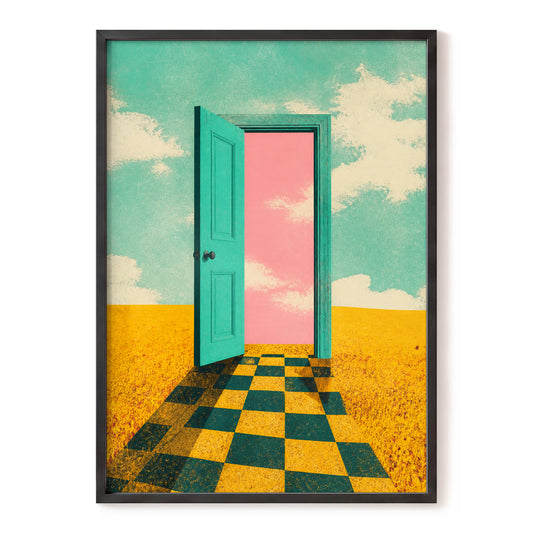 Beyond the Teal Door, green, pink, gold minimalist wall art, front artwork view