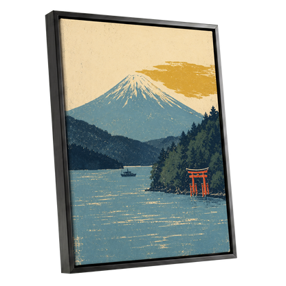 Beyond the Torii, blue, beige, green nature wall art shown as a black framed canvas wall art