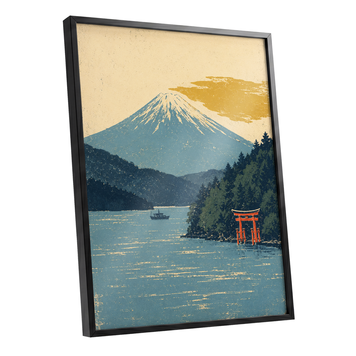 Beyond the Torii, blue, beige, green nature wall art shown as a black framed poster wall art print