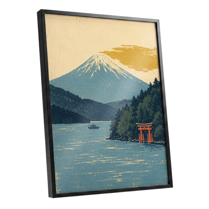 Beyond the Torii, blue, beige, green nature wall art shown as a black framed poster wall art print
