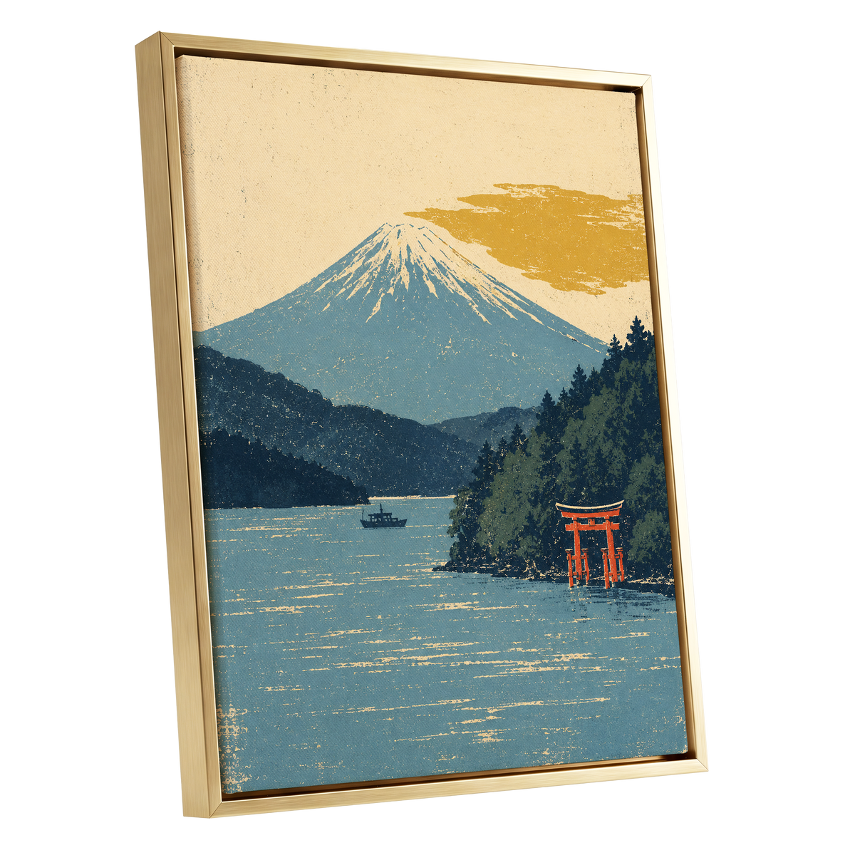 Beyond the Torii, blue, beige, green nature wall art shown as a gold framed canvas wall art