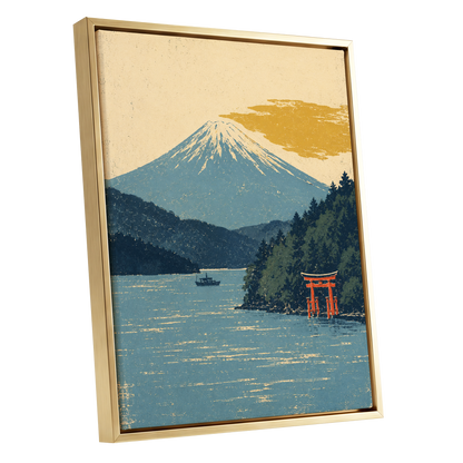 Beyond the Torii, blue, beige, green nature wall art shown as a gold framed canvas wall art