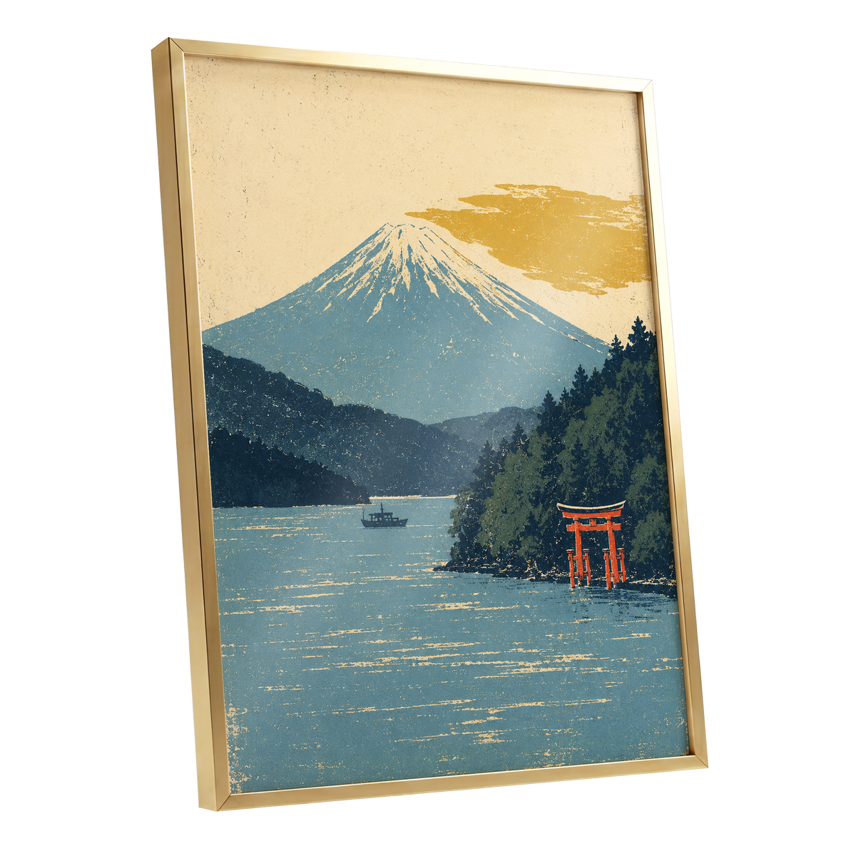 Beyond the Torii, blue, beige, green nature wall art shown as a gold framed poster wall art print