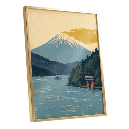 Beyond the Torii, blue, beige, green nature wall art shown as a gold framed poster wall art print