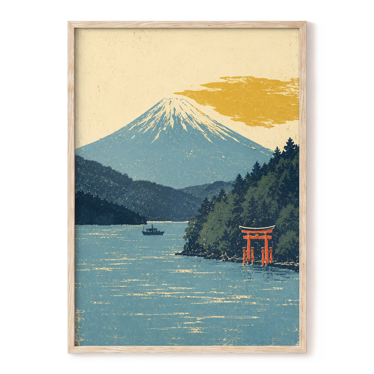Beyond the Torii, blue, beige, green nature wall art, front artwork view