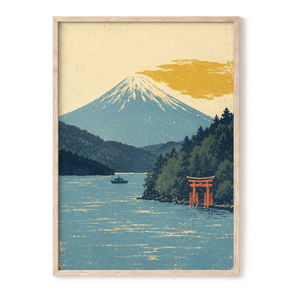 Beyond the Torii, blue, beige, green nature wall art, front artwork view