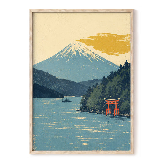 Beyond the Torii, blue, beige, green nature wall art, front artwork view