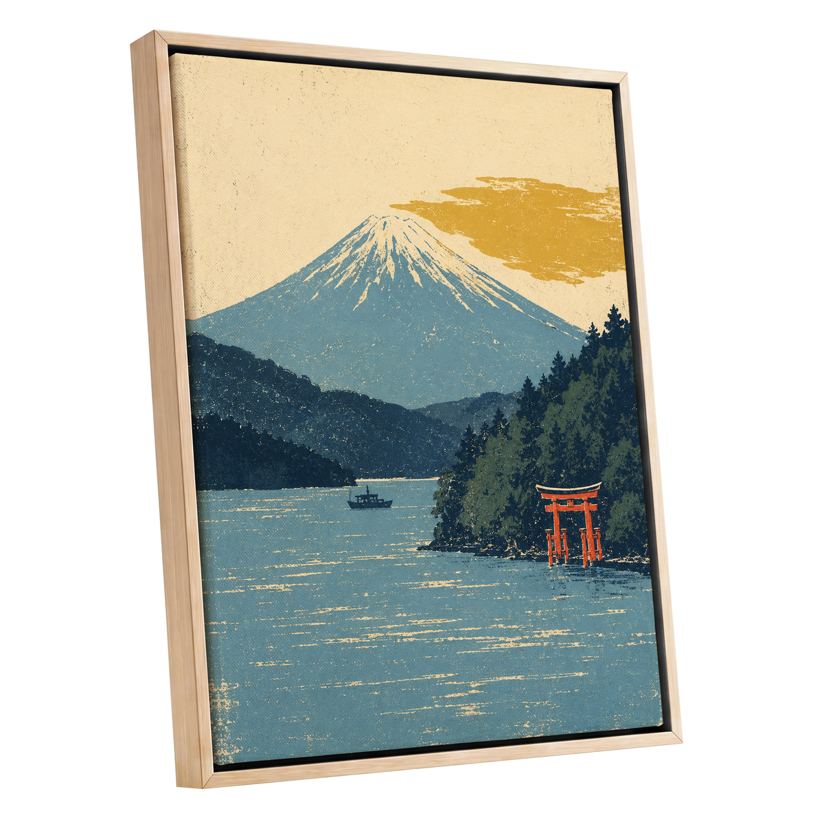 Beyond the Torii, blue, beige, green nature wall art shown as a oak framed canvas wall art