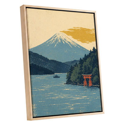 Beyond the Torii, blue, beige, green nature wall art shown as a oak framed canvas wall art