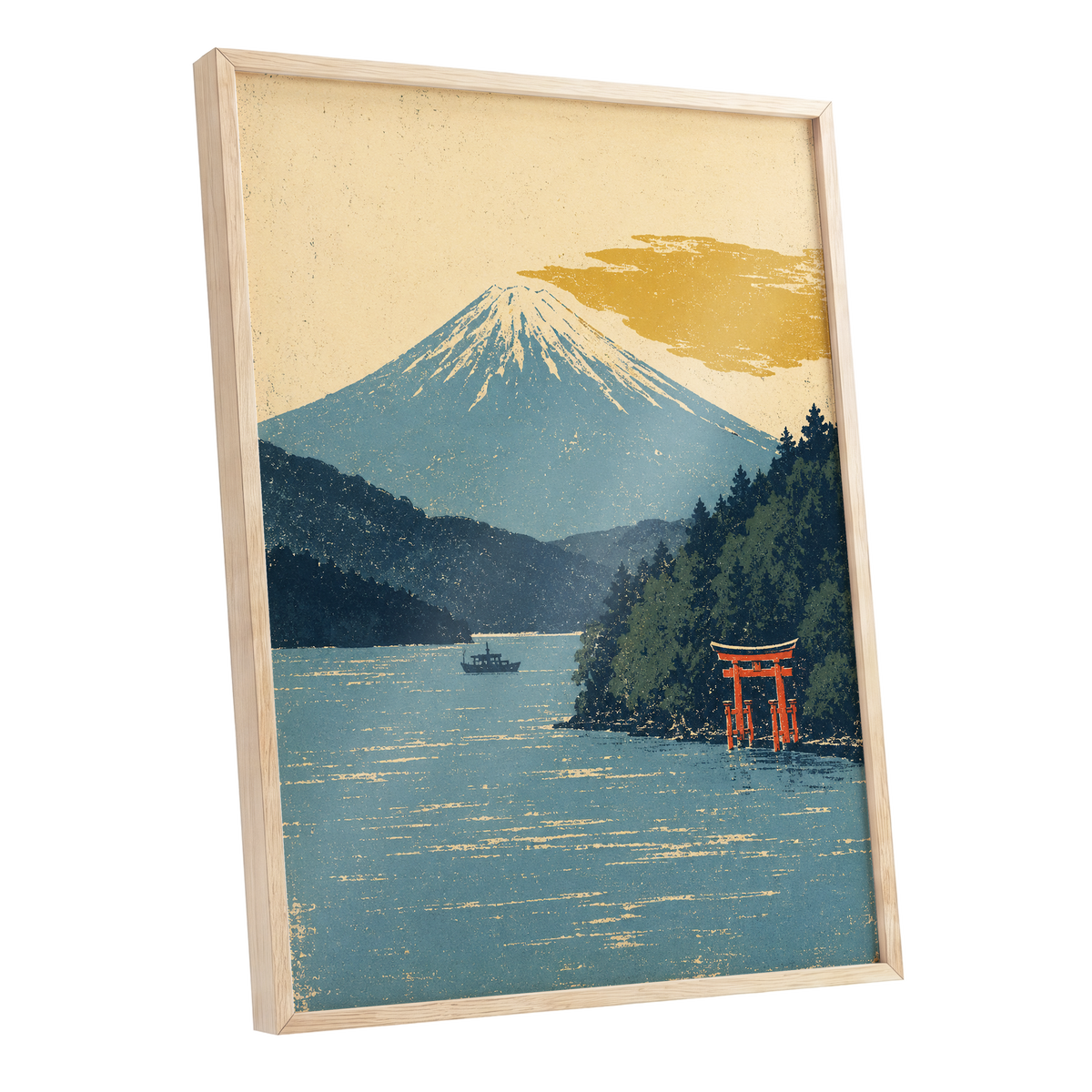 Beyond the Torii, blue, beige, green nature wall art shown as a oak framed poster wall art print