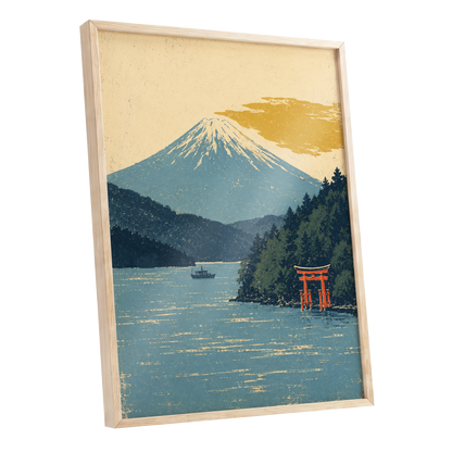 Beyond the Torii, blue, beige, green nature wall art shown as a oak framed poster wall art print