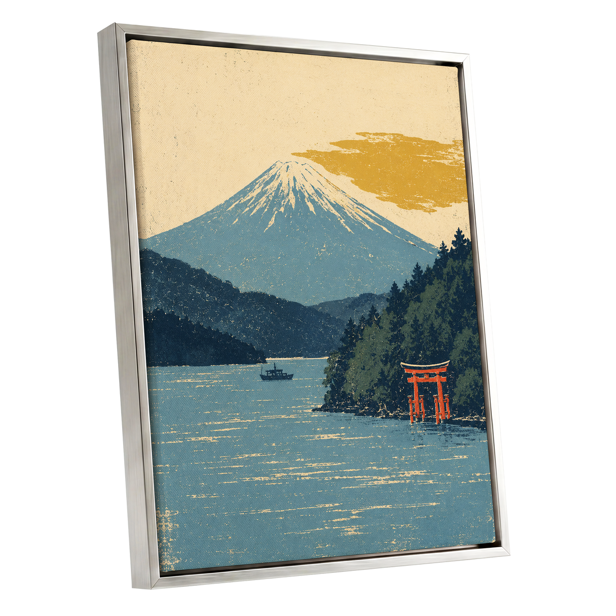 Beyond the Torii, blue, beige, green nature wall art shown as a silver framed canvas wall art