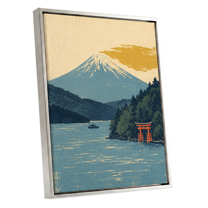 Beyond the Torii, blue, beige, green nature wall art shown as a silver framed canvas wall art