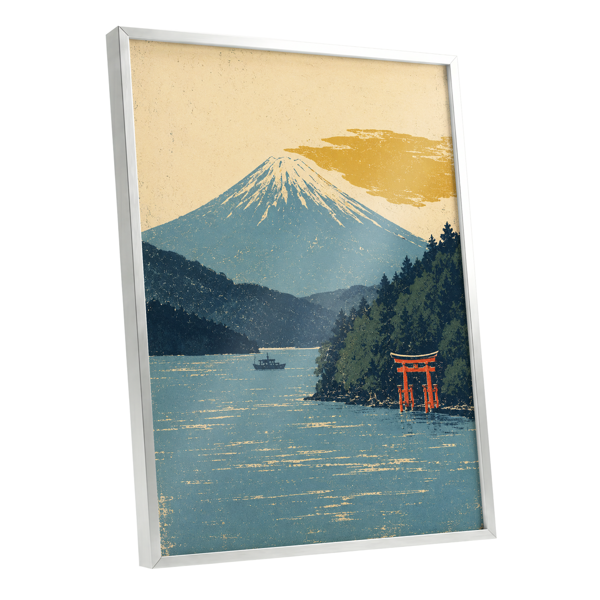 Beyond the Torii, blue, beige, green nature wall art shown as a silver framed poster wall art print
