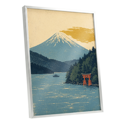 Beyond the Torii, blue, beige, green nature wall art shown as a silver framed poster wall art print