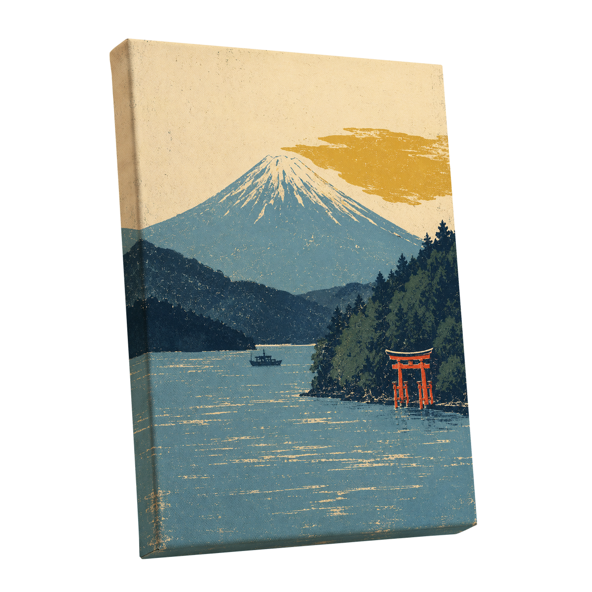 Beyond the Torii, blue, beige, green nature wall art shown as a stretched canvas wall art