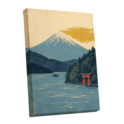 Beyond the Torii, blue, beige, green nature wall art shown as a stretched canvas wall art