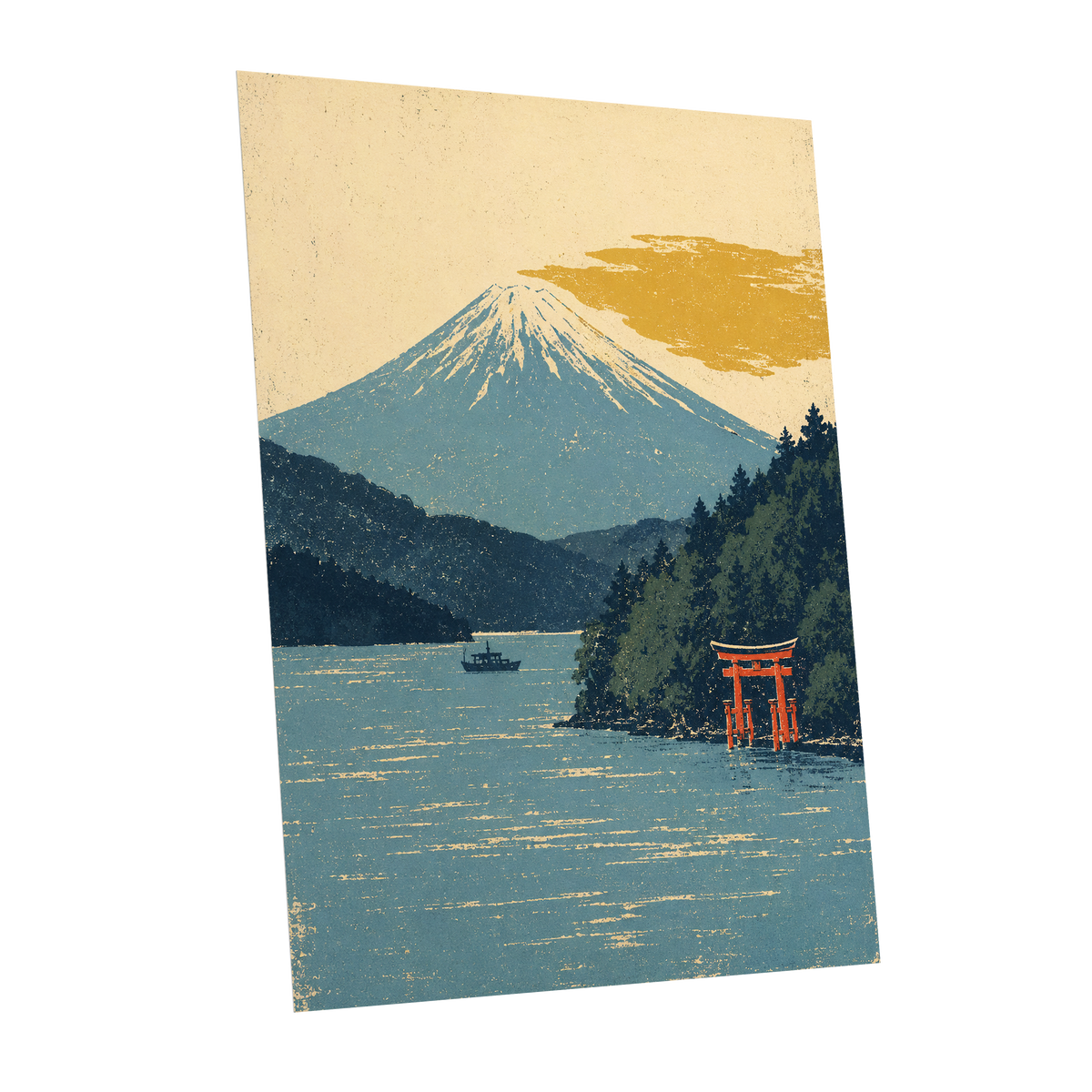 Beyond the Torii, blue, beige, green nature wall art shown as a unframed poster wall art print