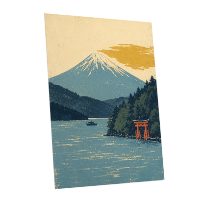 Beyond the Torii, blue, beige, green nature wall art shown as a unframed poster wall art print