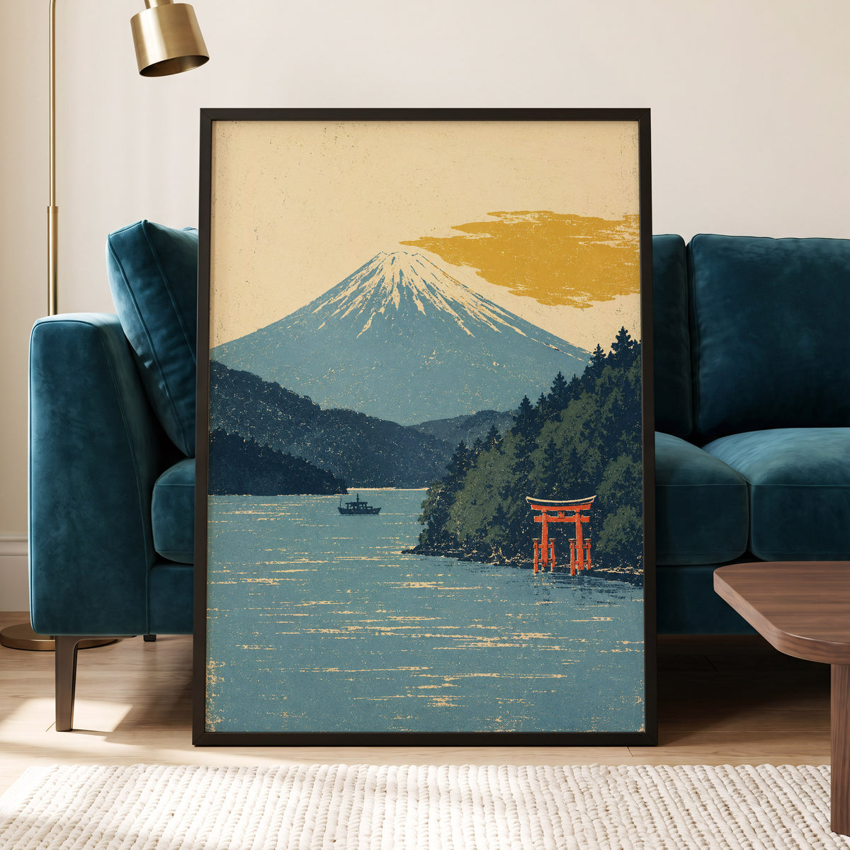 Beyond the Torii, blue, beige, green nature wall art displayed in a styled interior, gallery view 2