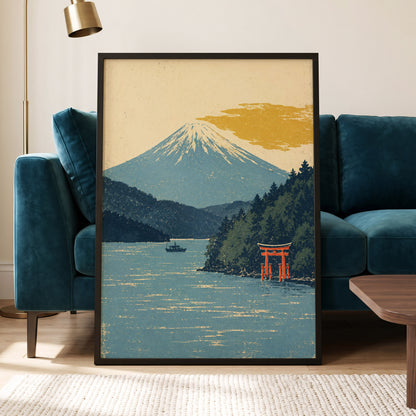 Beyond the Torii, blue, beige, green nature wall art displayed in a styled interior, gallery view 2