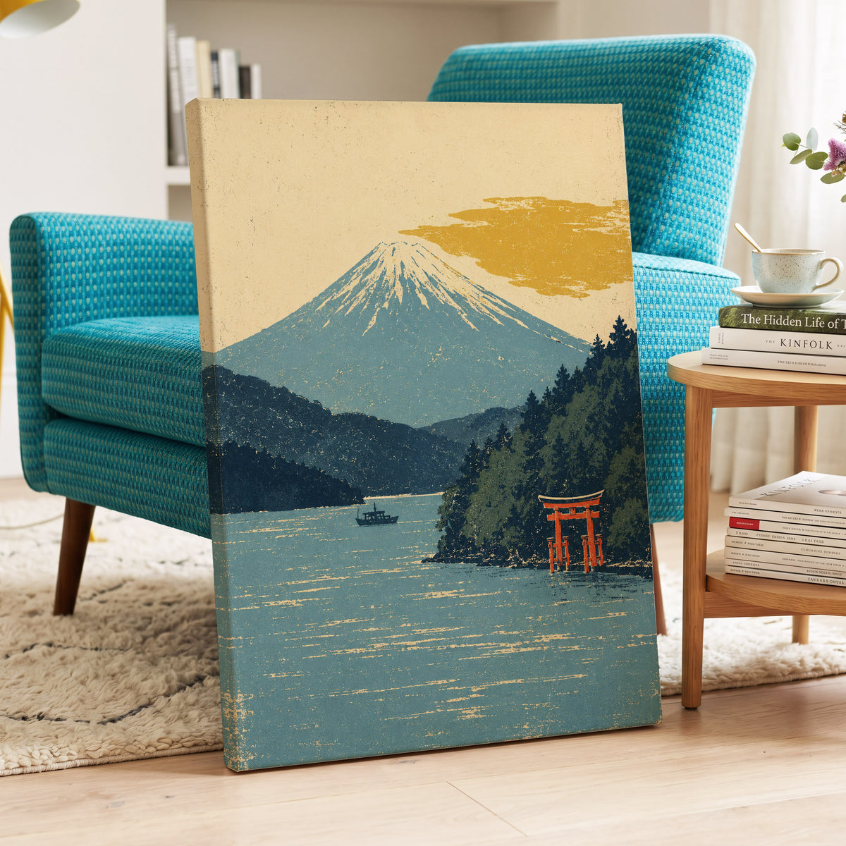 Beyond the Torii, blue, beige, green nature wall art displayed in a styled interior, gallery view 3
