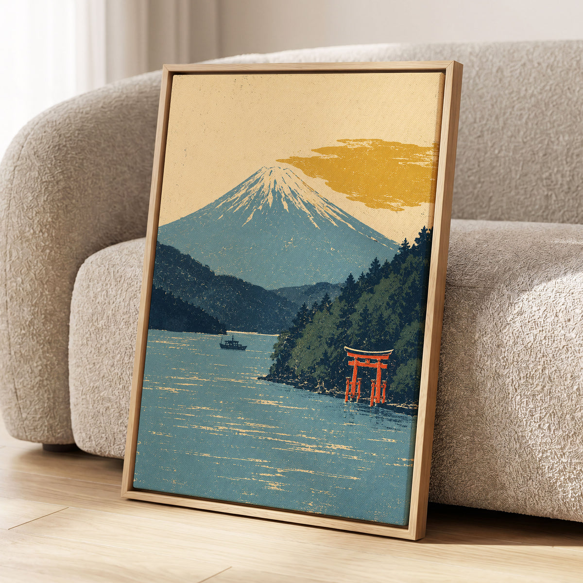 Beyond the Torii, blue, beige, green nature wall art displayed in a styled interior, gallery view 4