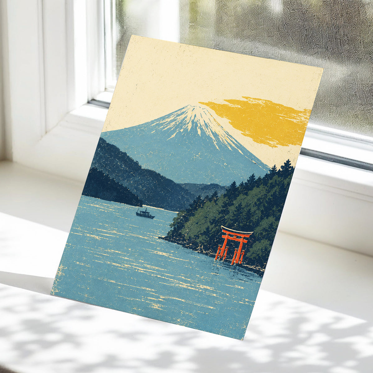 Beyond the Torii, blue, beige, green nature wall art displayed in a styled interior, gallery view 5