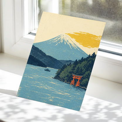 Beyond the Torii, blue, beige, green nature wall art displayed in a styled interior, gallery view 5