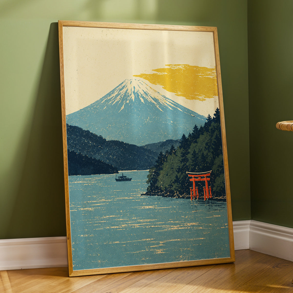 Beyond the Torii, blue, beige, green nature wall art displayed in a styled interior, gallery view 6
