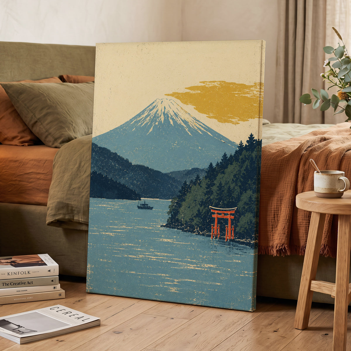 Beyond the Torii, blue, beige, green nature wall art displayed in a styled interior, gallery view 7