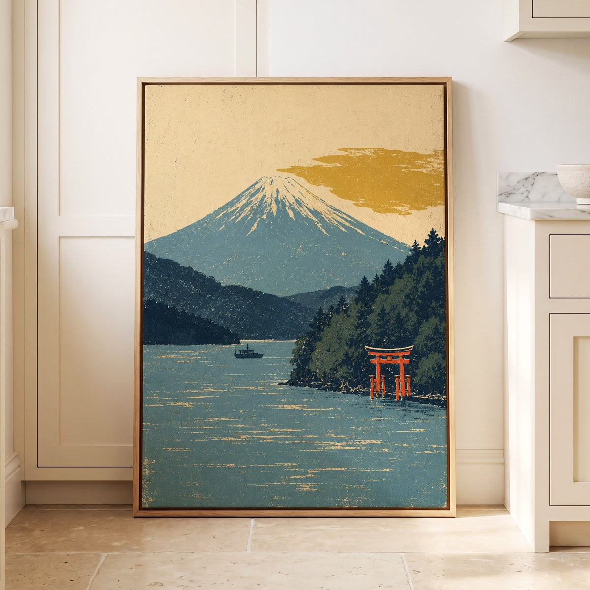 Beyond the Torii, blue, beige, green nature wall art displayed in a styled interior, gallery view 8