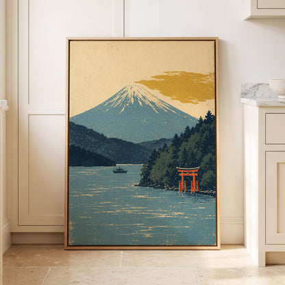 Beyond the Torii, blue, beige, green nature wall art displayed in a styled interior, gallery view 8