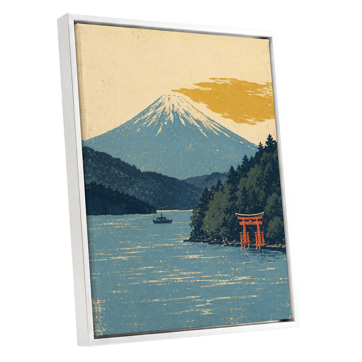 Beyond the Torii, blue, beige, green nature wall art shown as a white framed canvas wall art