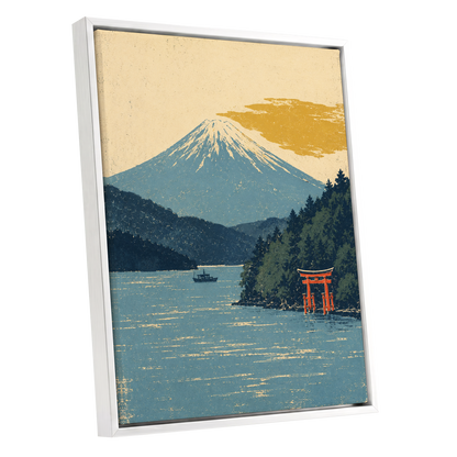 Beyond the Torii, blue, beige, green nature wall art shown as a white framed canvas wall art