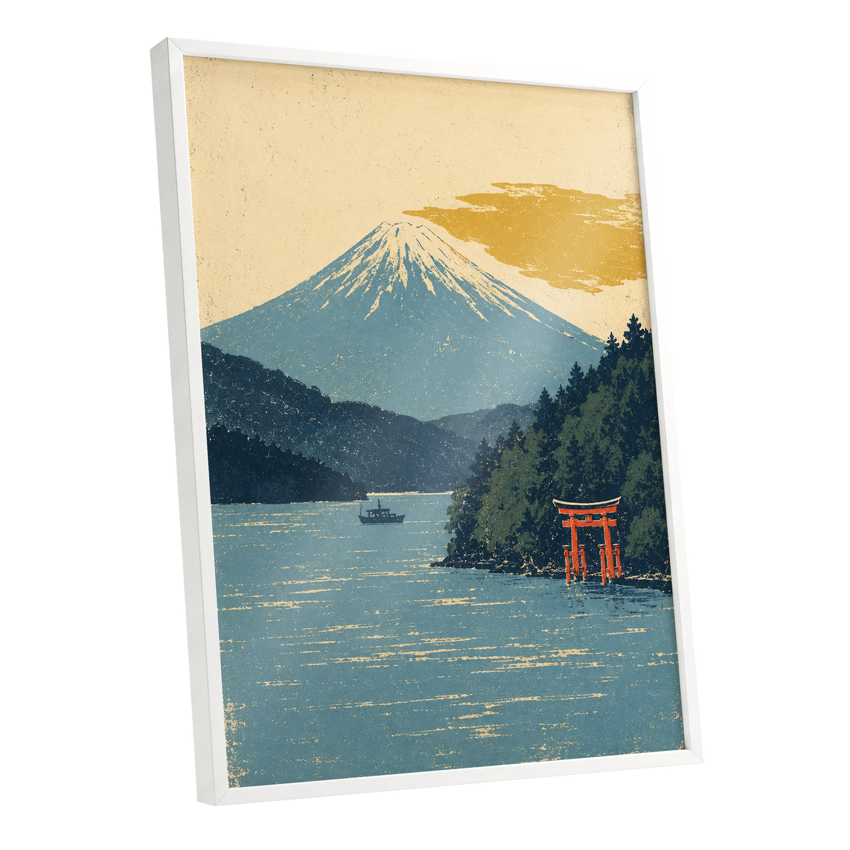 Beyond the Torii, blue, beige, green nature wall art shown as a white framed poster wall art print