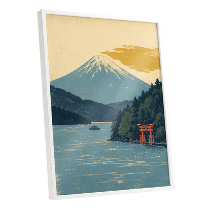 Beyond the Torii, blue, beige, green nature wall art shown as a white framed poster wall art print