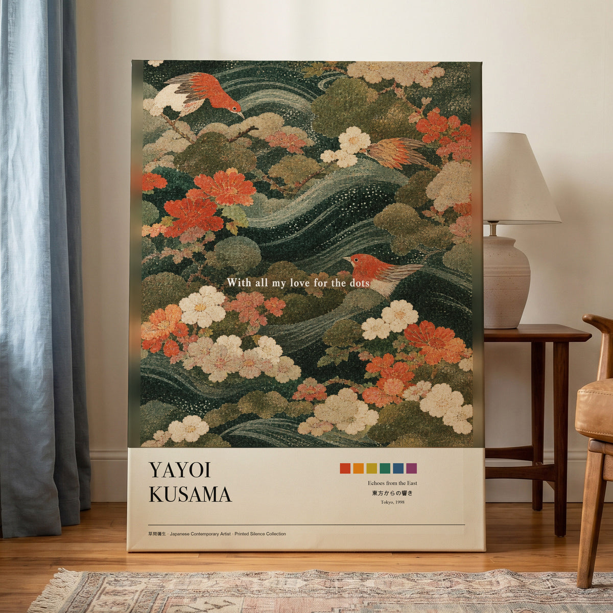 Birdsong in Bloom, green, beige, red nature wall art on canvas displayed in a styled interior, gallery view 1