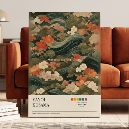 Birdsong in Bloom, green, beige, red nature wall art on canvas displayed in a styled interior, gallery view 2