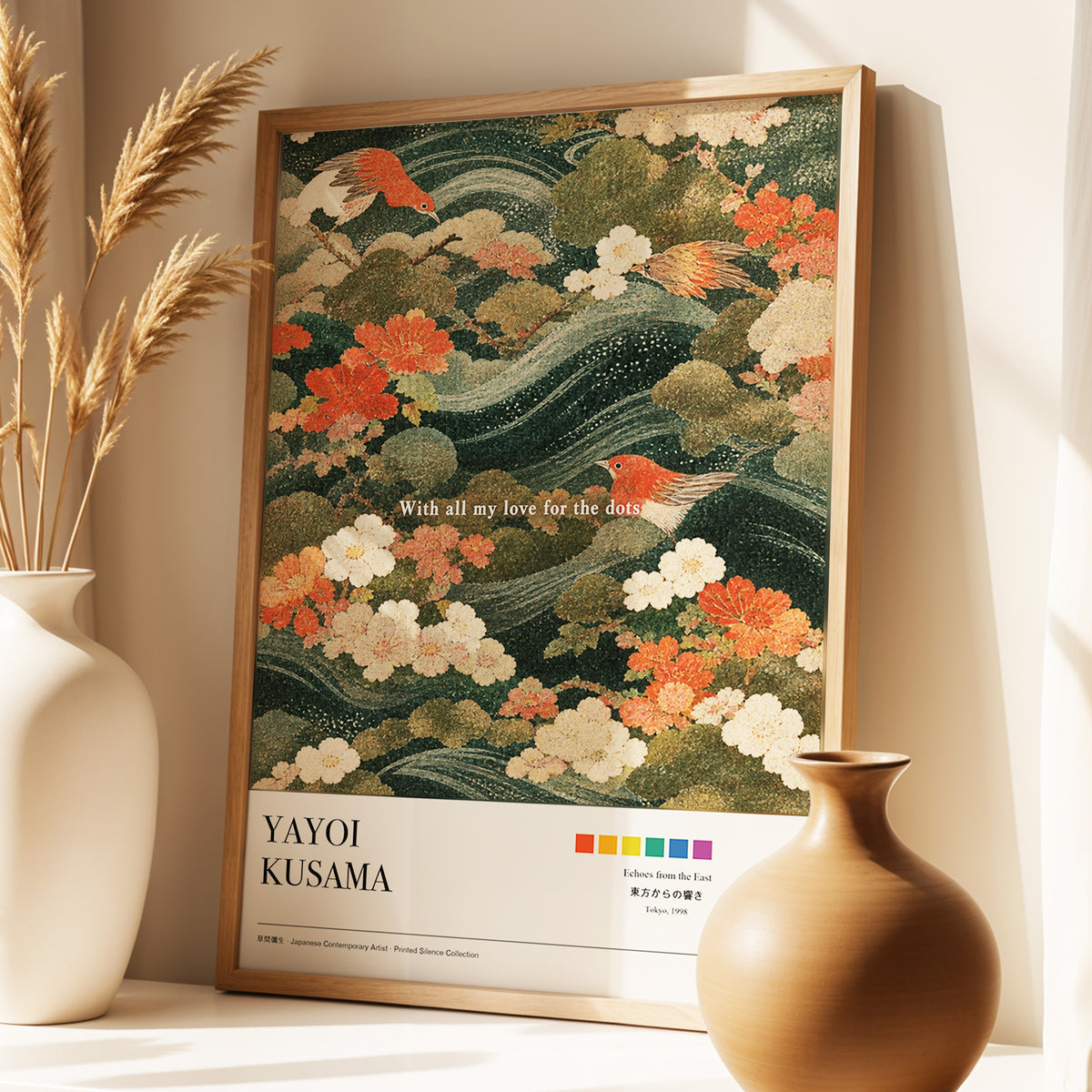 Birdsong in Bloom, green, beige, red nature wall art displayed in a styled interior, gallery view 2