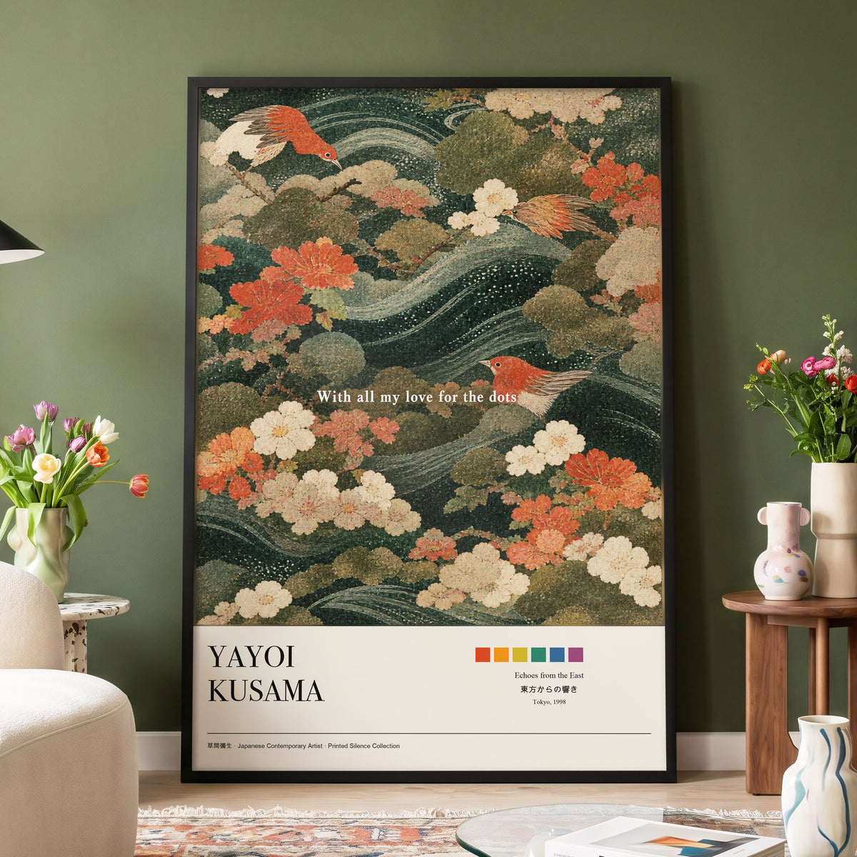 Birdsong in Bloom, green, beige, red nature wall art displayed in a styled interior, gallery view 3