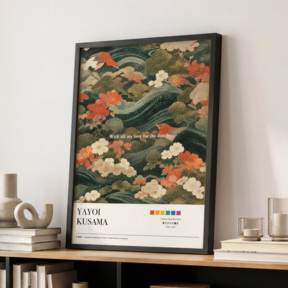 Birdsong in Bloom, green, beige, red nature wall art displayed in a styled interior, gallery view 4