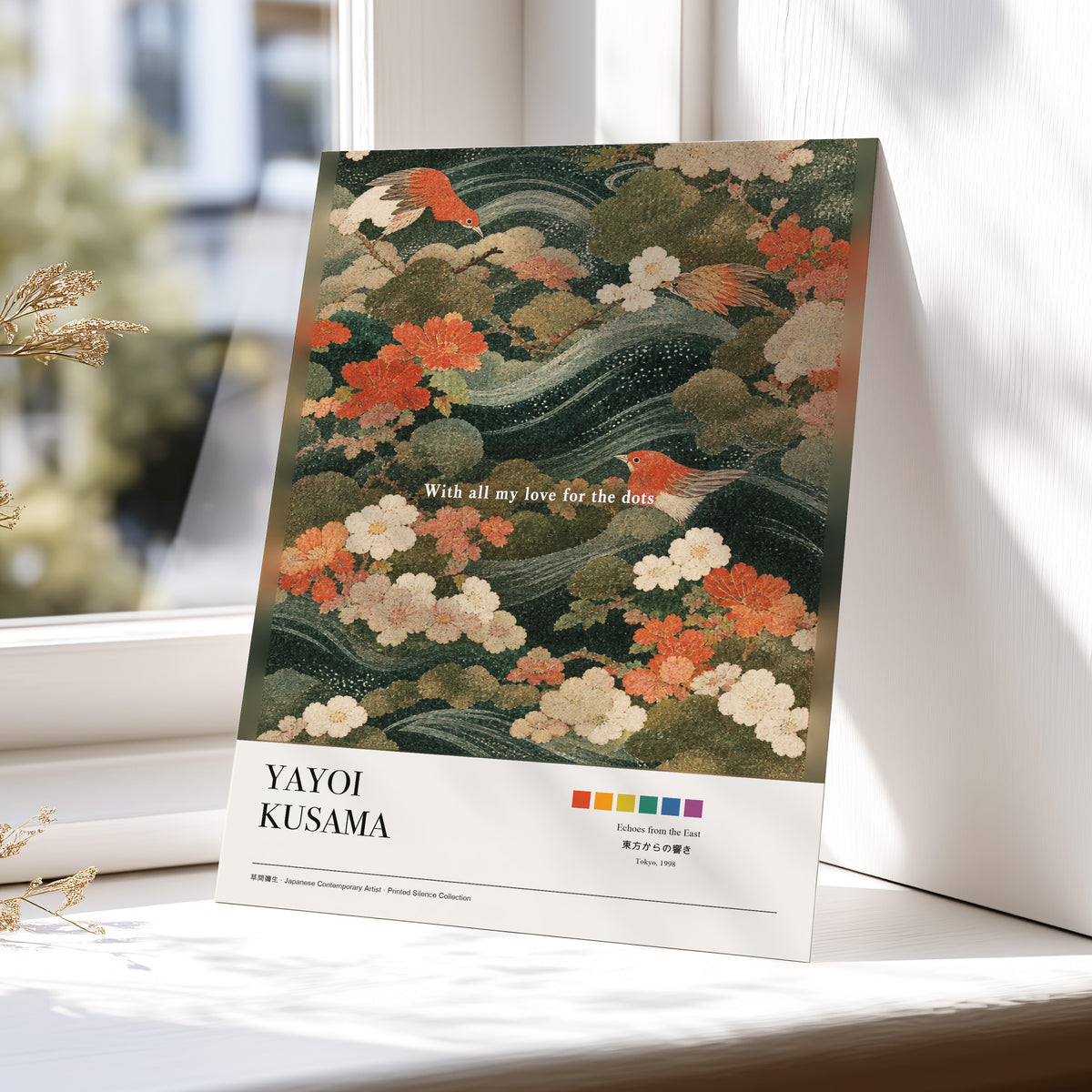 Birdsong in Bloom, green, beige, red nature wall art displayed in a styled interior, gallery view 5
