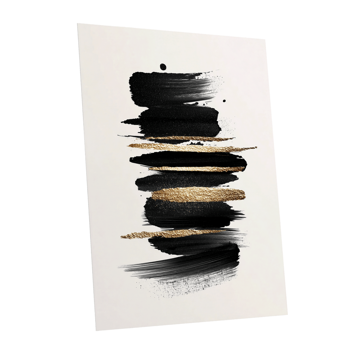 Black Gold Brushstrokes: an abstract art print featuring textured black and metallic gold brushstrokes on a warm off-white background, shown at a slight angle against a solid white backdrop.