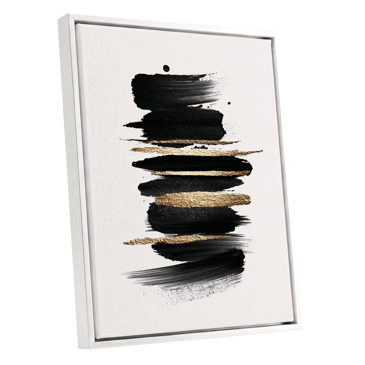Black Gold Brushstrokes: a framed abstract canvas print featuring horizontal black brushstrokes with textured gold metallic accents on a white background, shown in a white frame at an angle.