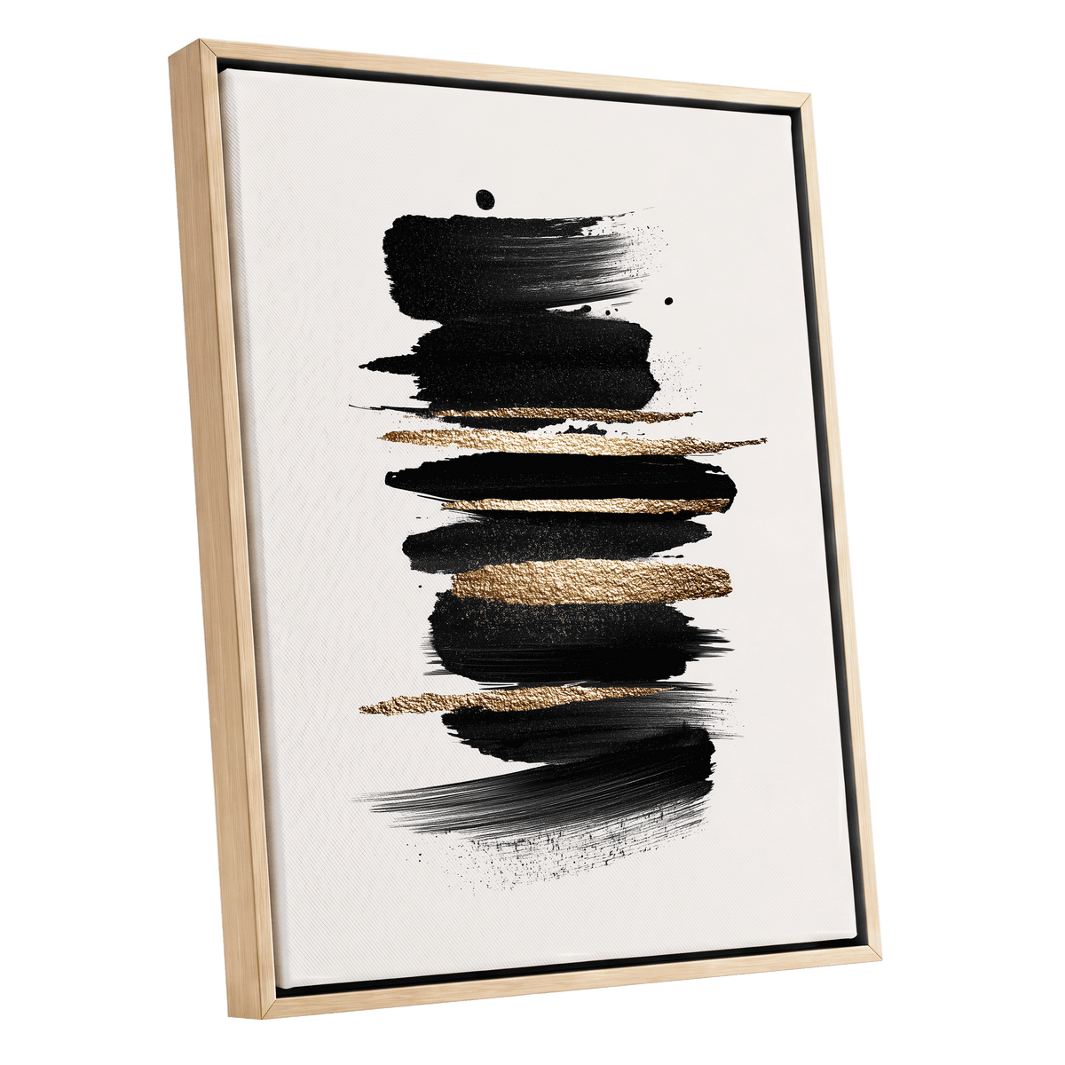 Black Gold Brushstrokes: framed abstract wall art featuring horizontal black brushstrokes with textured gold metallic accents on a white background, housed in a light natural wood frame.