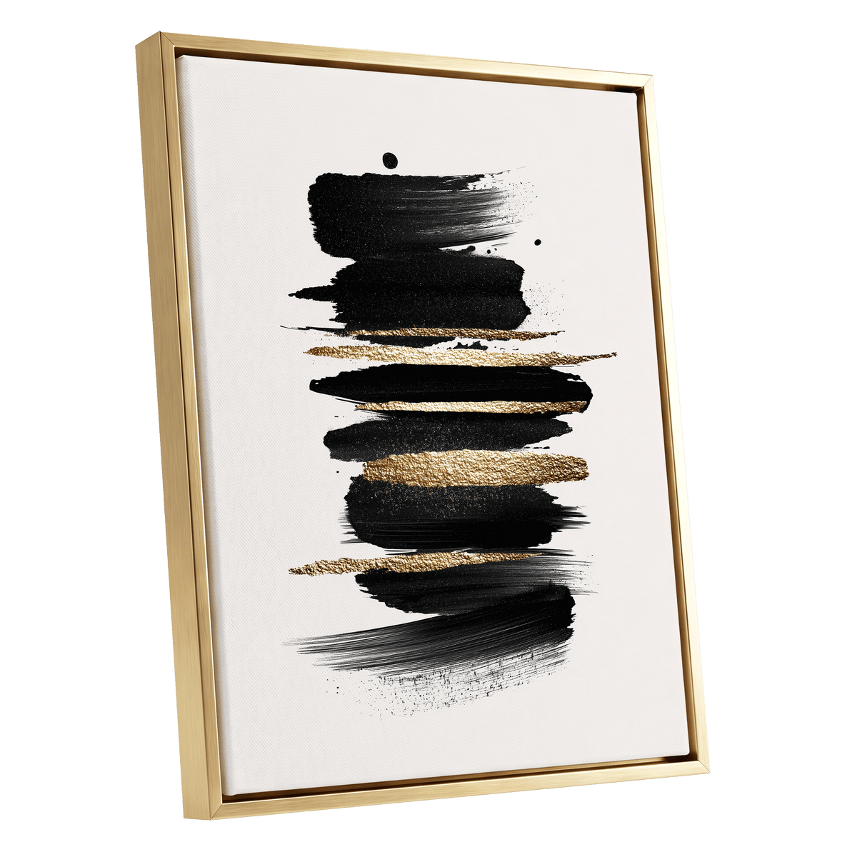 Black Gold Brushstrokes: framed abstract wall art featuring horizontal black brushstrokes and textured gold metallic bands on a white background, enclosed in a slim gold frame.