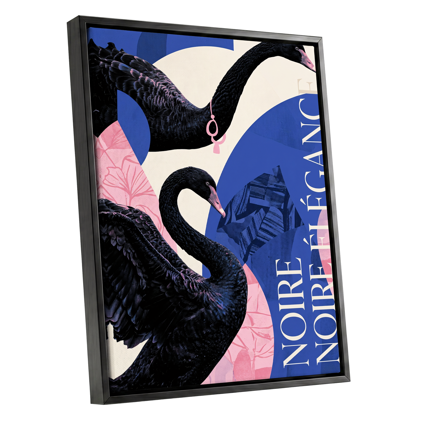 Black Swan Reverie, black, blue, pink nature wall art shown as a black framed canvas wall art