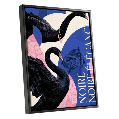 Black Swan Reverie, black, blue, pink nature wall art shown as a black framed canvas wall art