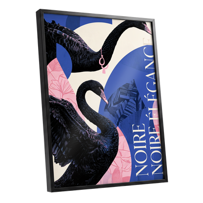 Black Swan Reverie, black, blue, pink nature wall art shown as a black framed poster wall art print